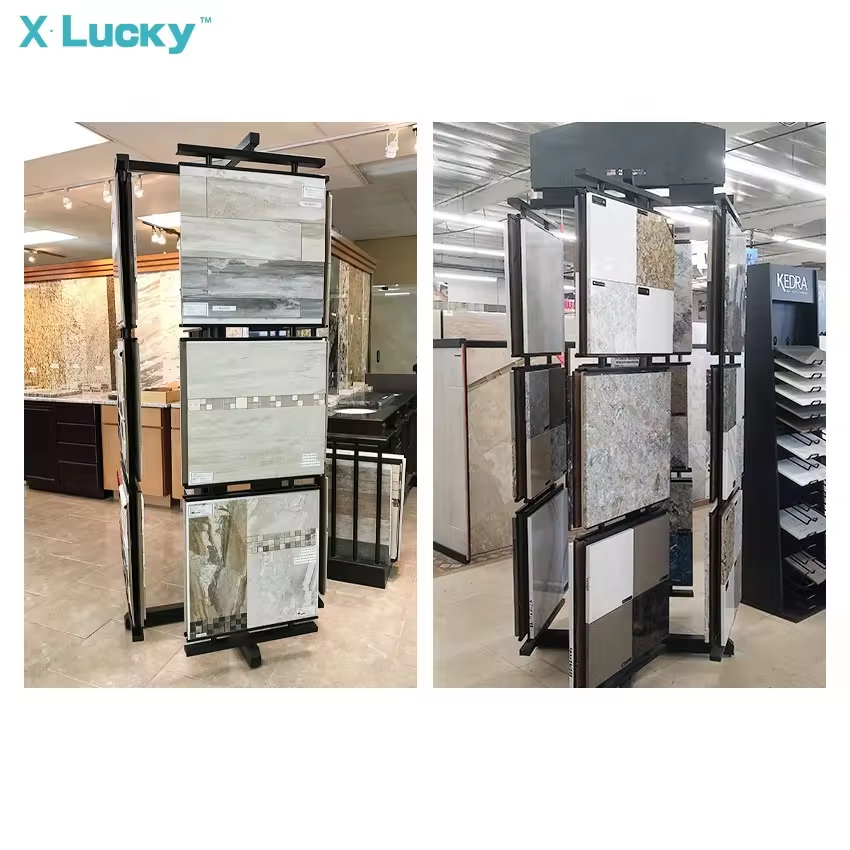 Customize size logo simple carpet tile display rack floor carpet shelf rotatable stone slab display stand ceramic