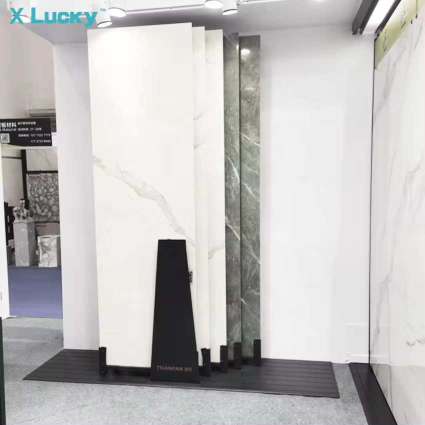 Modern luxury shelf shine tile stone horizontal push-pull tiles display stand showroom slab slide marble tile display rack