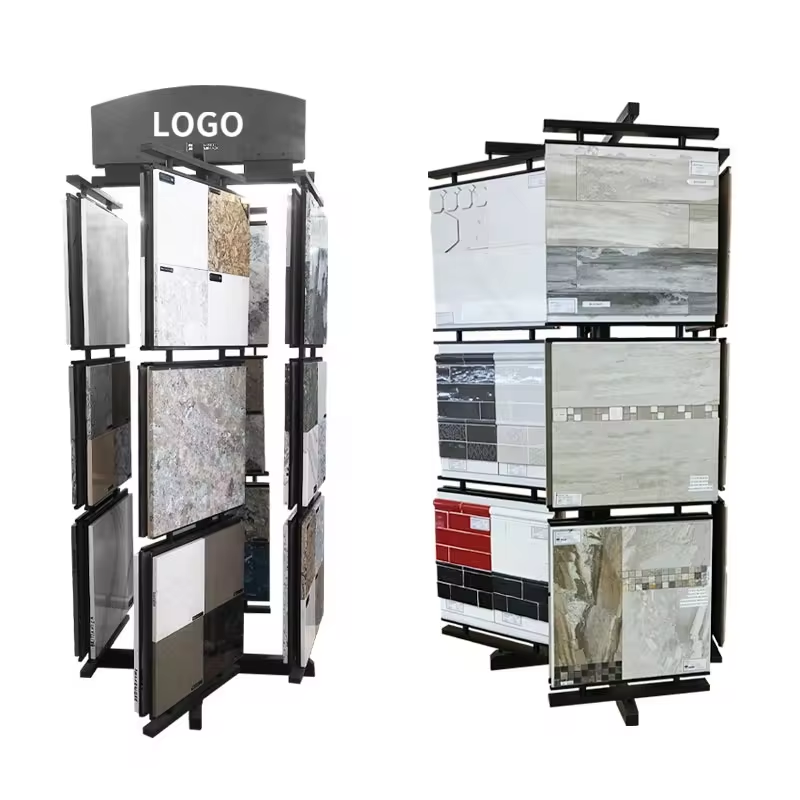 Customize size logo simple carpet tile display rack floor carpet shelf rotatable stone slab display stand ceramic