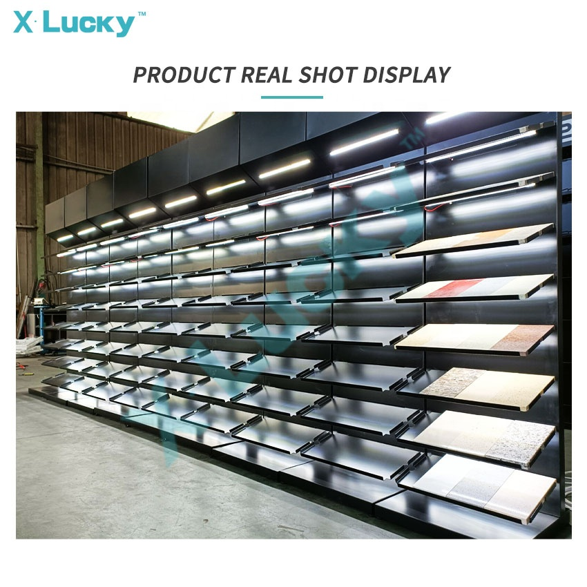 Lucky Factory Sample Floor Standing Marble Quartz Display Stand With Lights Flooring Stone Tower Ceramic Tile Display Rack