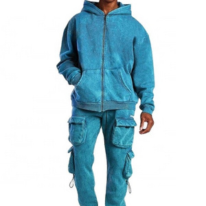 Custom Tracksuit Men's oversized streetwear men vintage acid mineral gym set hoodie and joggers stone wash sweat suits USA 2024