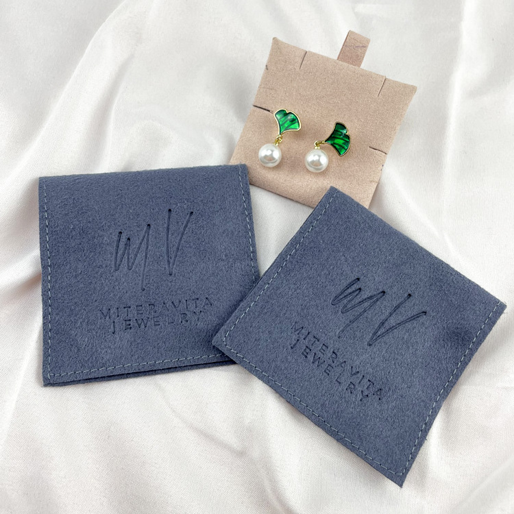 Custom velvet suede jewelry packaging pouch with logo microfiber earring necklace jewelry bags with inserts cards for jewelry