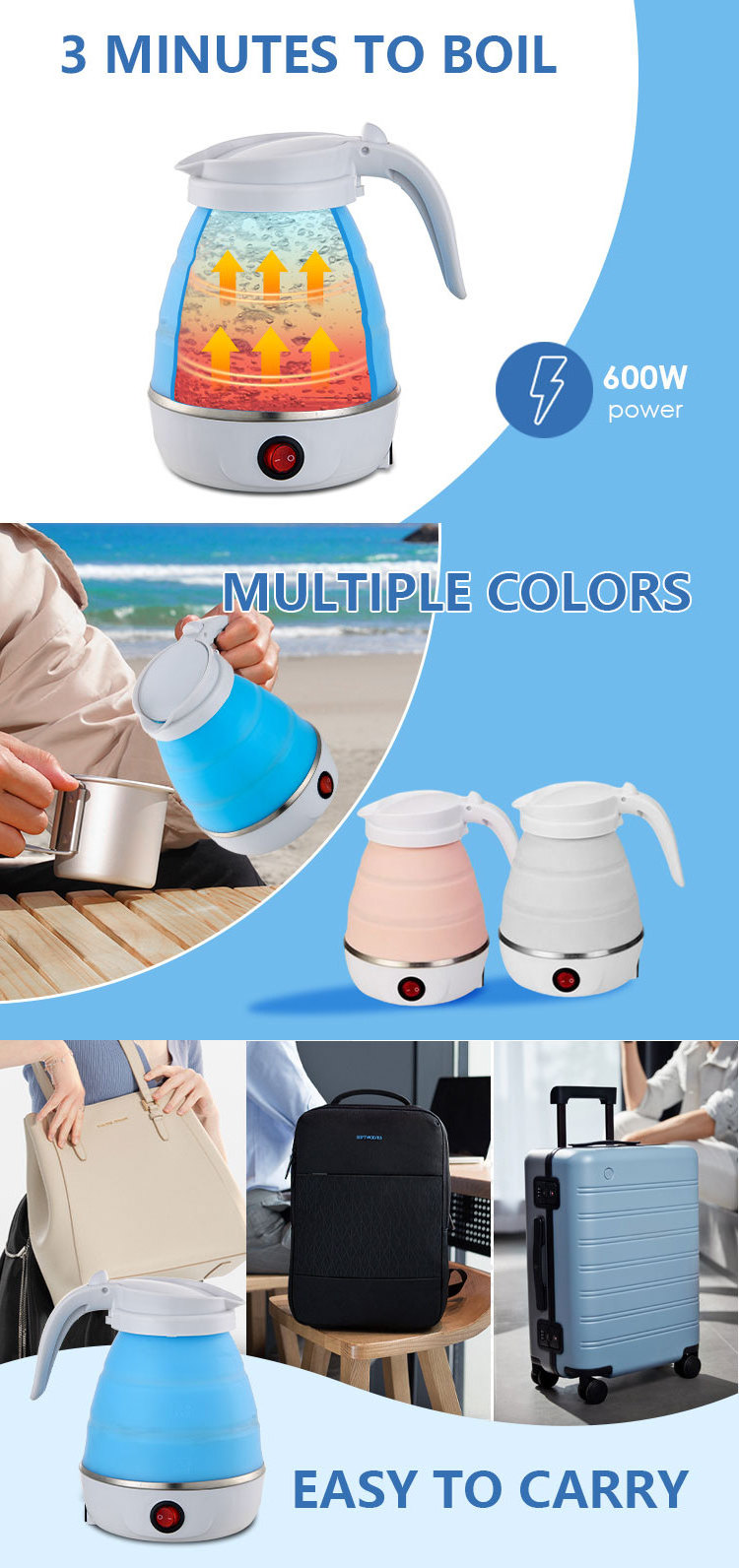 New Arrival 600w Silicone Foldable Electric Hot Water Kettle Portable 600ML Travel Collapsible Electric Kettle