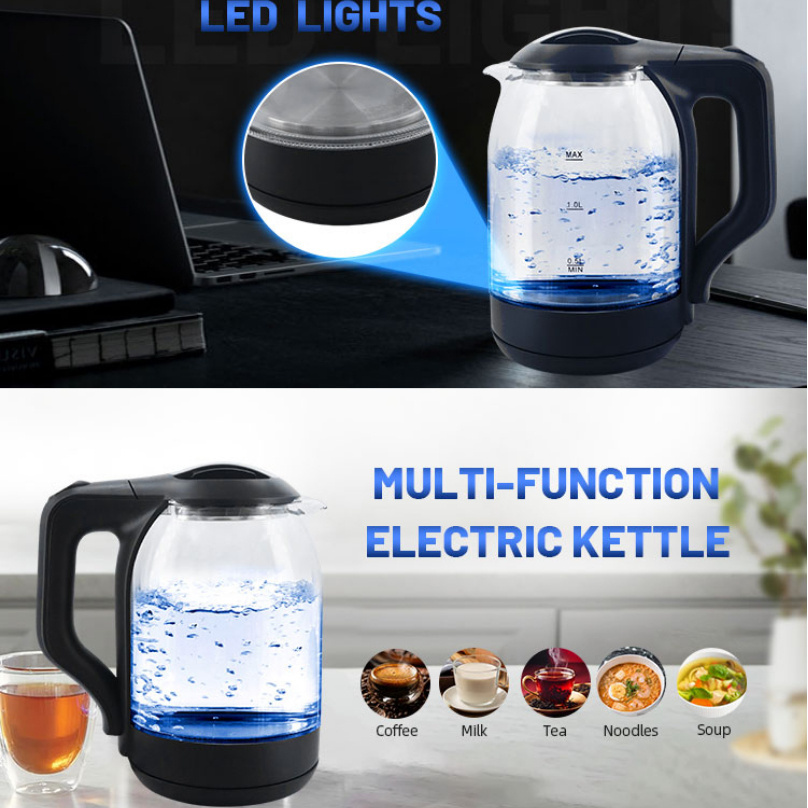 Most Popular Quality Healthy Material 360 Cordless Thermostatic Glass Body Electric Kettle With Blue Ring Light