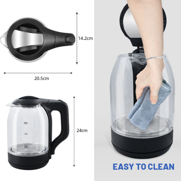 Most Popular Quality Healthy Material 360 Cordless Thermostatic Glass Body Electric Kettle With Blue Ring Light