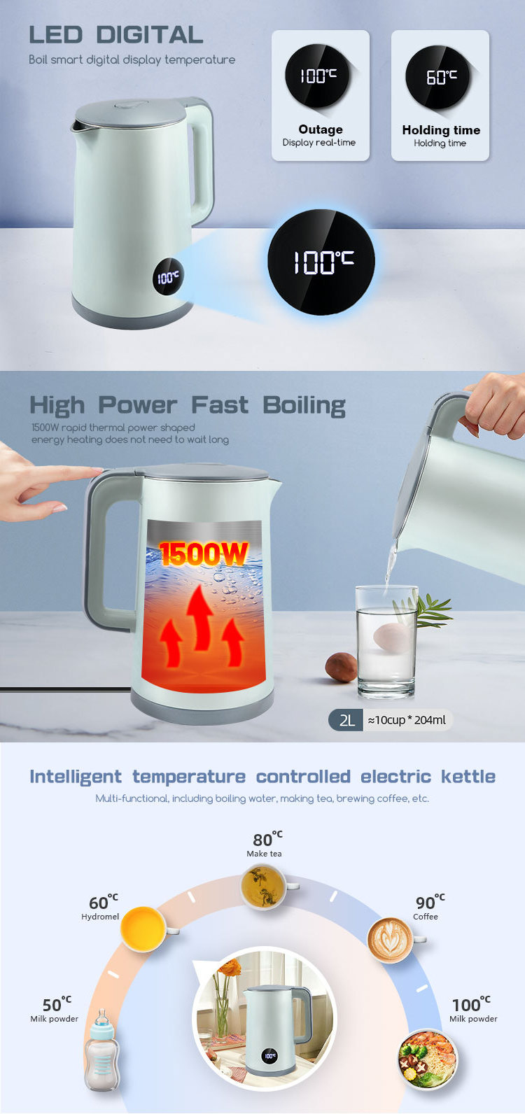 Home Appliance Heater Wholesale 220v Hot Water Boiler Cordless Tea Maker Digital Smart Jug Samovar 2.0l Electric Kettle