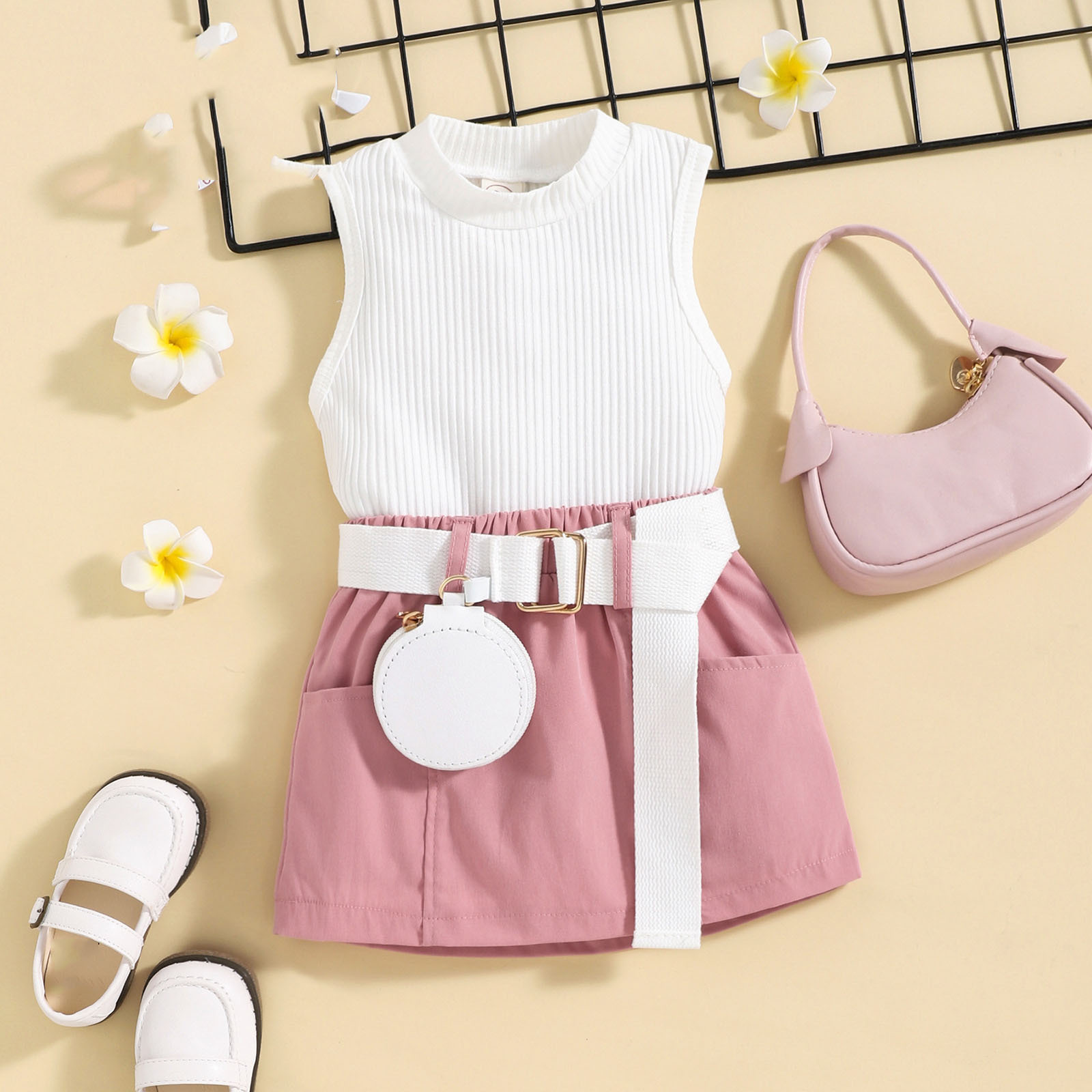 Kids Girl Outfit Solid Color Sleeveless Tank Tops And Casual Pocket Skirt Summer Girls Clothes Set