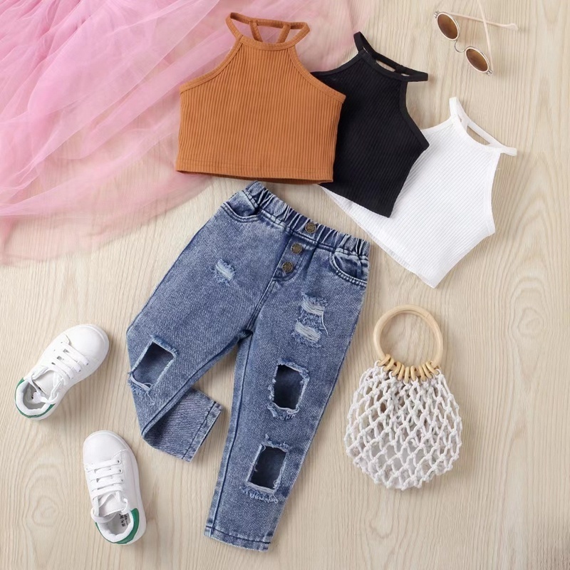 Children's Clothing Girls Summer Pit Strip Solid Color Sleeveless Shoulder Pullover Ripped Denim Trousers Two-Piece Set