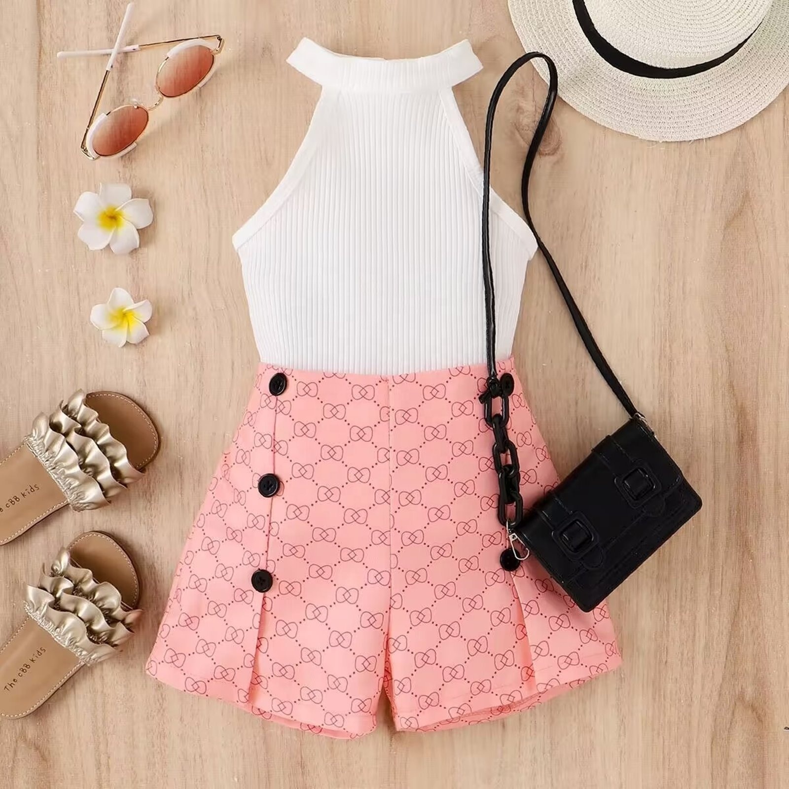 2024 Summer Wholesale Children's Clothing Summer Hanging Neck Luxury Printing Girl Clothe Set Foreign Trade Toddler Girl Clothes