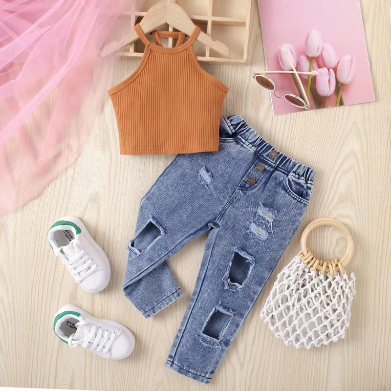 Children's Clothing Girls Summer Pit Strip Solid Color Sleeveless Shoulder Pullover Ripped Denim Trousers Two-Piece Set