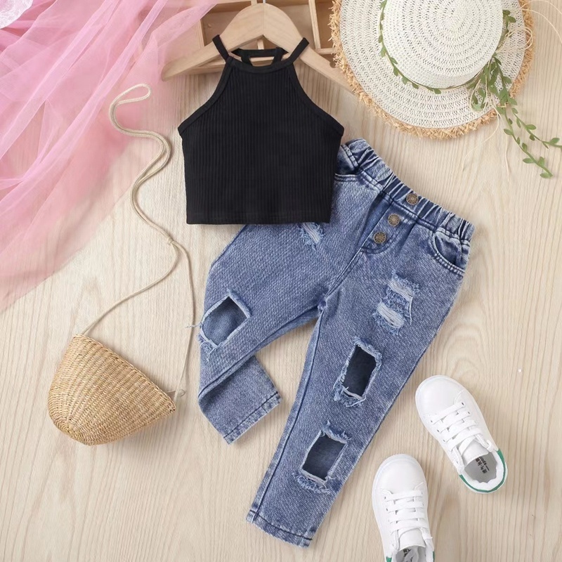 Children's Clothing Girls Summer Pit Strip Solid Color Sleeveless Shoulder Pullover Ripped Denim Trousers Two-Piece Set