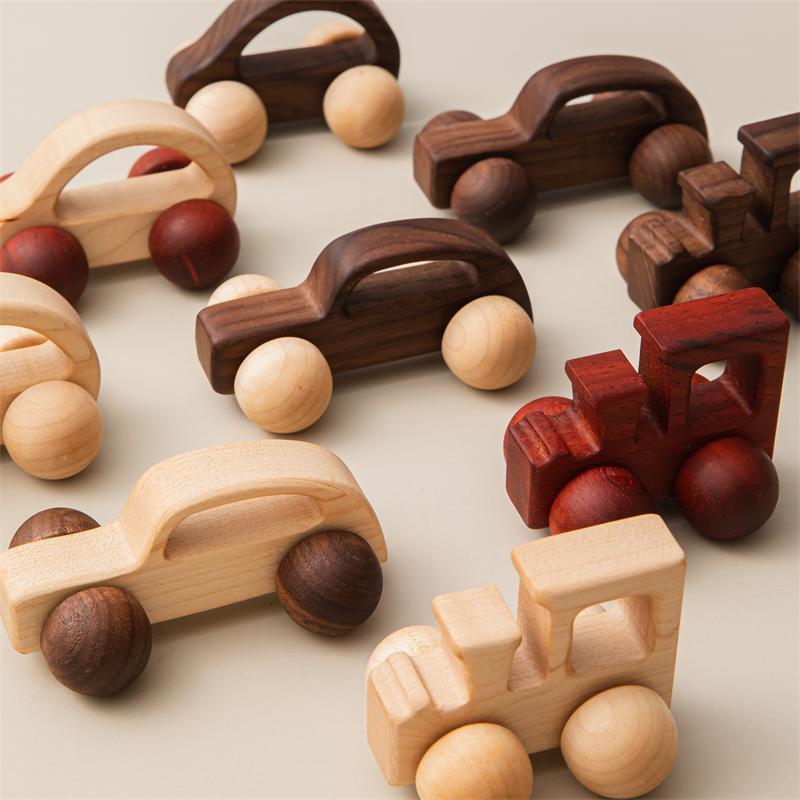 Walnut wood mini colored car for children's early education puzzle block toy baby stroller