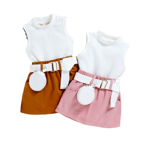 Kids Girl Outfit Solid Color Sleeveless Tank Tops And Casual Pocket Skirt Summer Girls Clothes Set