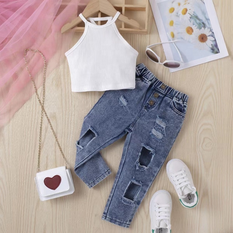 Children's Clothing Girls Summer Pit Strip Solid Color Sleeveless Shoulder Pullover Ripped Denim Trousers Two-Piece Set