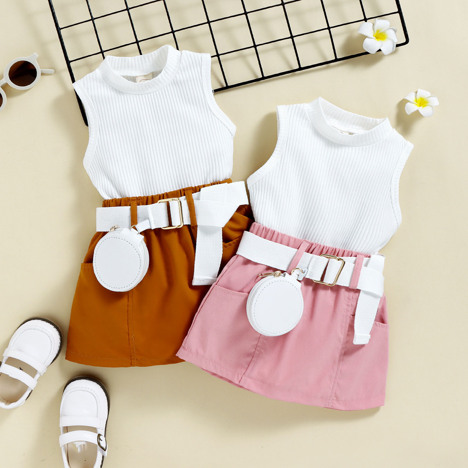 Kids Girl Outfit Solid Color Sleeveless Tank Tops And Casual Pocket Skirt Summer Girls Clothes Set