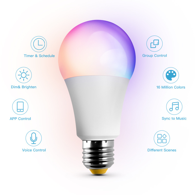 Alexa Google Assistant Wifi Connect App Control Remote Color Changing E26 E27 B22 7w 9w Foco Led Rgb Bulb