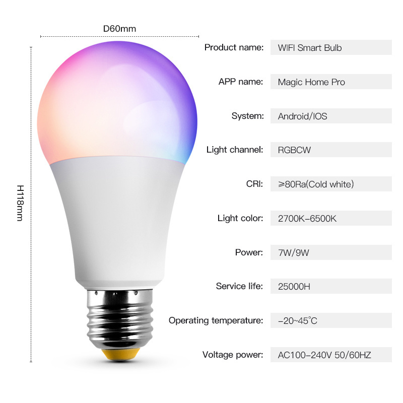 Alexa Google Assistant Wifi Connect App Control Remote Color Changing E26 E27 B22 7w 9w Foco Led Rgb Bulb