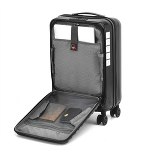 Custom oem cabin size 20 inch black trolley suitcase 4 wheels front open carry on travel luggage