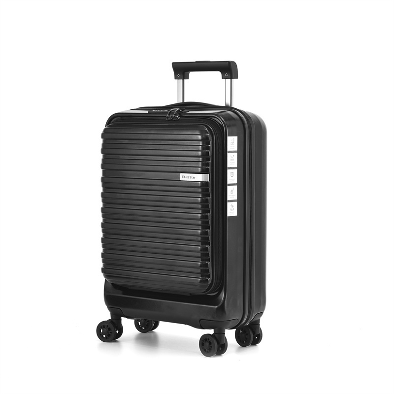 Custom oem cabin size 20 inch black trolley suitcase 4 wheels front open carry on travel luggage