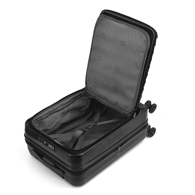 Custom oem cabin size 20 inch black trolley suitcase 4 wheels front open carry on travel luggage