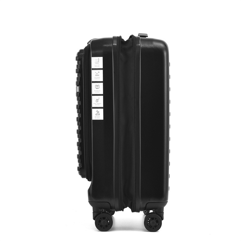 Custom oem cabin size 20 inch black trolley suitcase 4 wheels front open carry on travel luggage