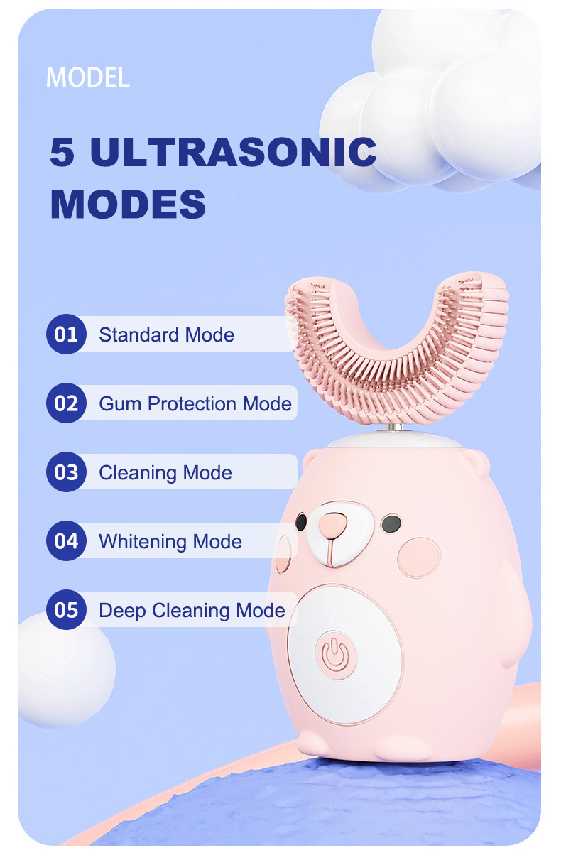 Kids Electric Toothbrush Ultrasonic Cartoon Bear U Shaped Toothbrush  with 4 Brush Heads