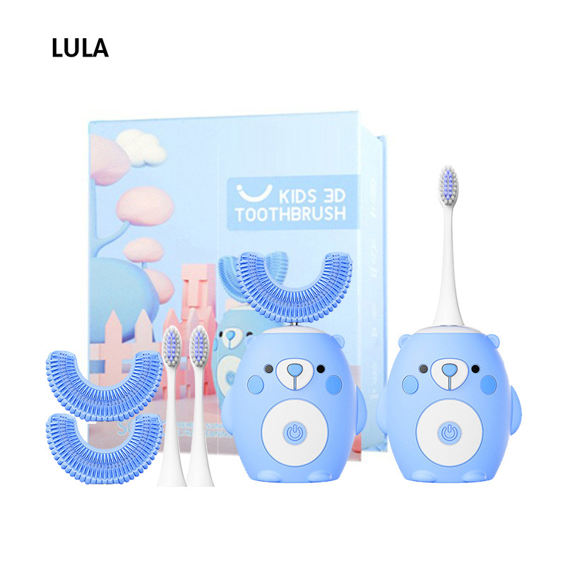 Kids Electric Toothbrush Ultrasonic Cartoon Bear U Shaped Toothbrush  with 4 Brush Heads