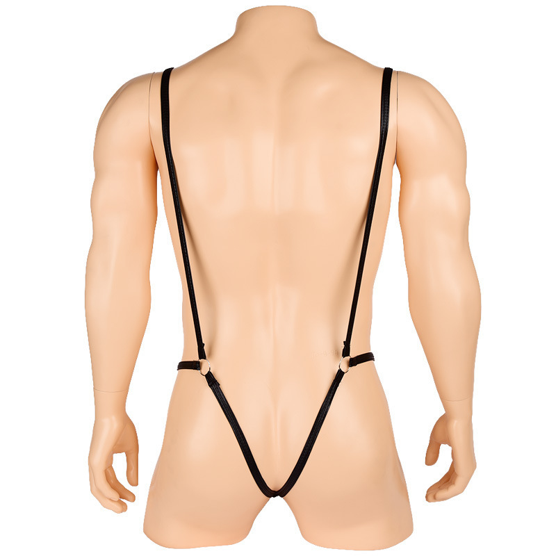 Men's sexy underwear Amazon European and American thong men black imitation patent leather PU sexy one-piece suspender T pants