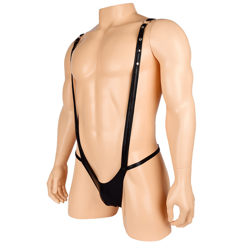 Men's sexy underwear Amazon European and American thong men black imitation patent leather PU sexy one-piece suspender T pants