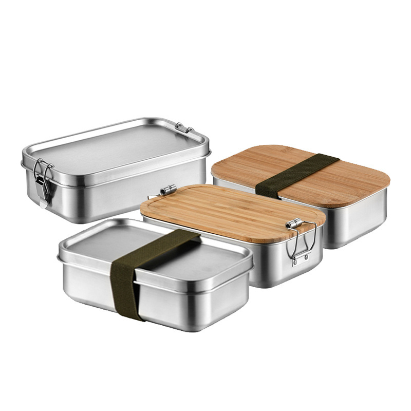 Eco friendly Stainless Steel Food Storage Containers Bamboo Lid Lunch Box Metal Lunchbox for Adult Kids