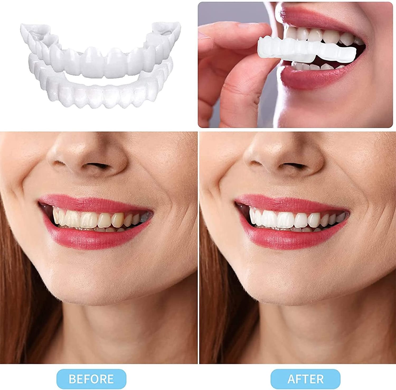 2 Pairs of Dentures Cosmetic Teeth Reusable Artificial Teeth Temporary Smile Upper and Under False Teeth Veneer