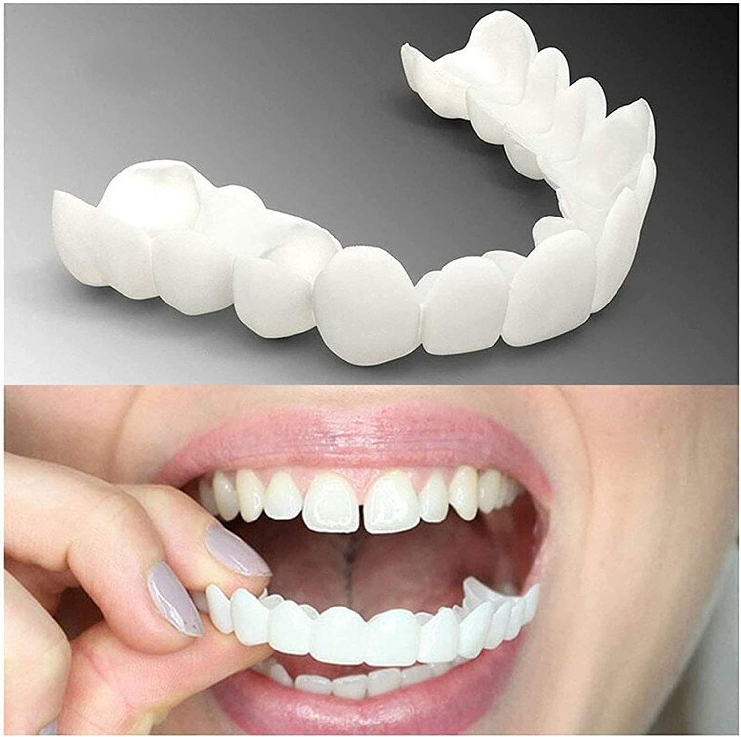 2 Pairs of Dentures Cosmetic Teeth Reusable Artificial Teeth Temporary Smile Upper and Under False Teeth Veneer