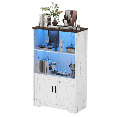 Kitchen Sideboard Buffet Cabinet with LED Light 4 Open Shelves 2 Large Storage Drawers Modern Wood Pantry Cabinet,