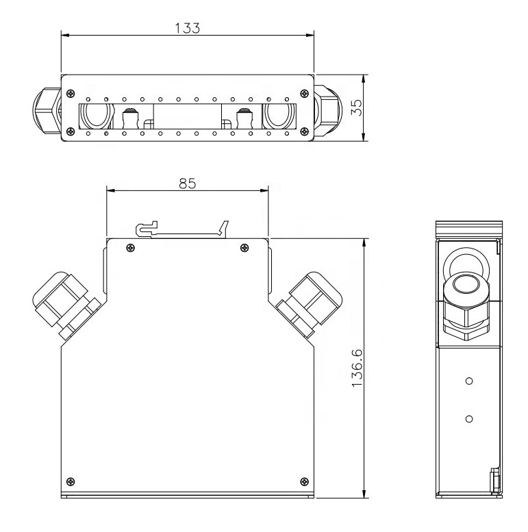 DIN rail mounted fiber optic terminal box with 6 SC/APC duplex adapters and splice tray