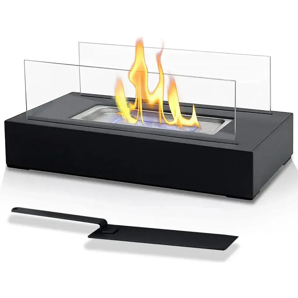 Mini fire pit portable black bioethanol glass tabletop fireplace