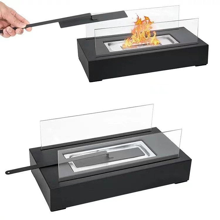 Mini fire pit portable black bioethanol glass tabletop fireplace