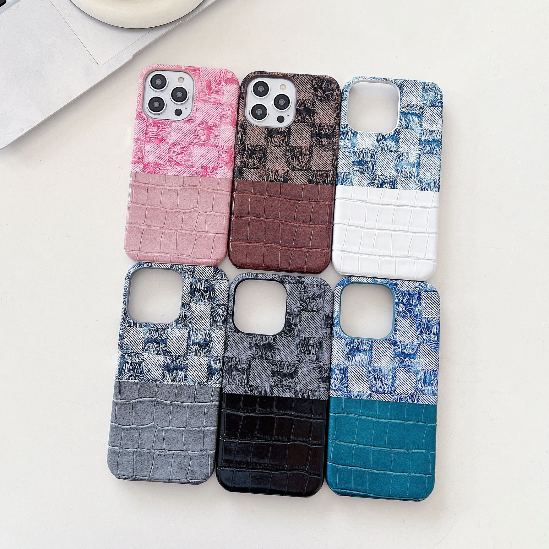 Classic Jeans Crocodile Pattern Mobile Phone Case Fashion PU Leather Shell Half Cover Case for iPhone 14 15 13 12 11 Pro Max