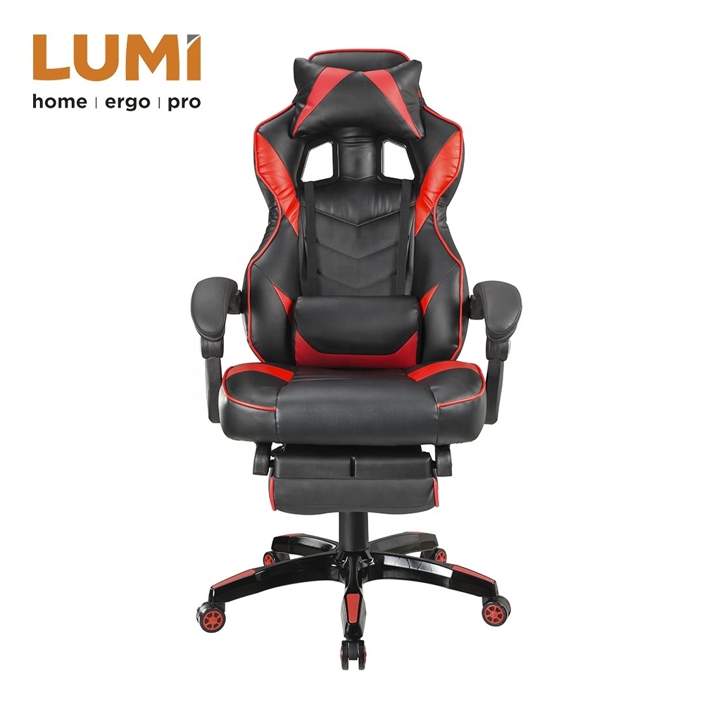 Headrest and Lumbar Support PU Leather Swivel  Racing Gaming Chair with Retractable Footrest