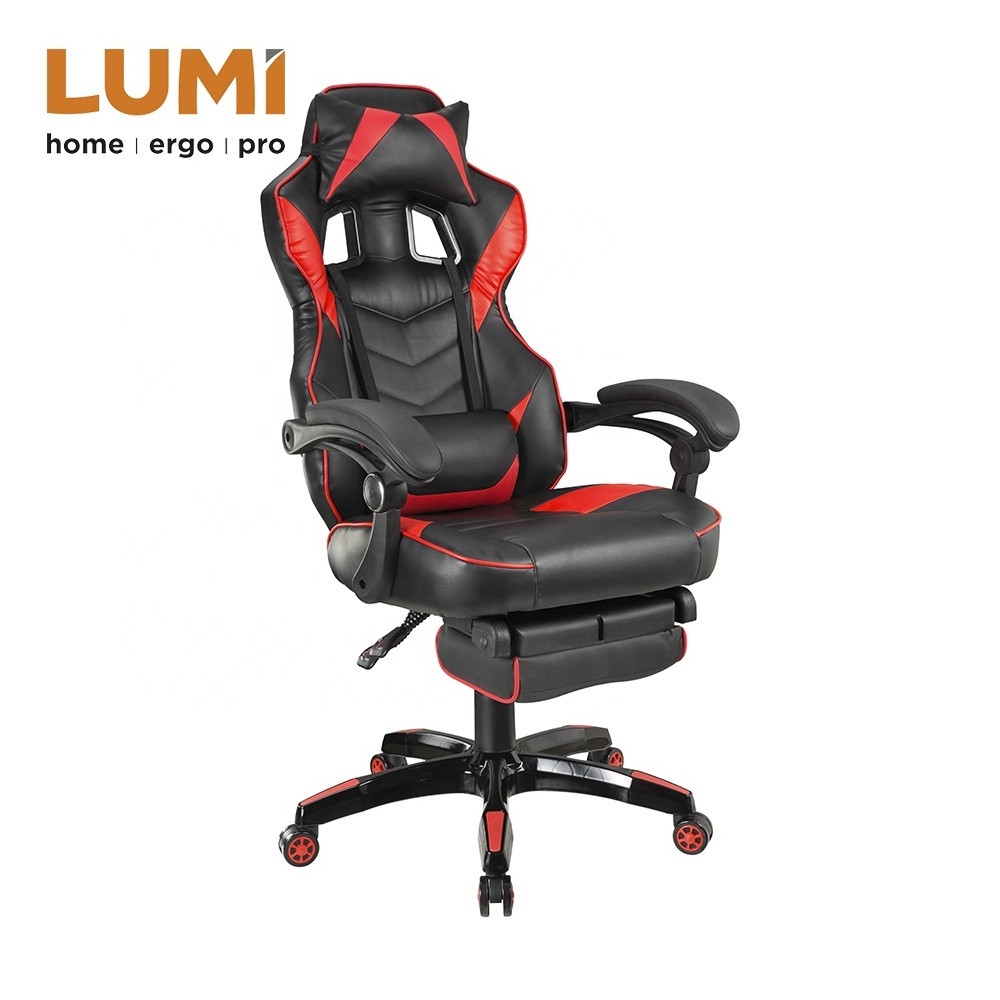 Headrest and Lumbar Support PU Leather Swivel  Racing Gaming Chair with Retractable Footrest