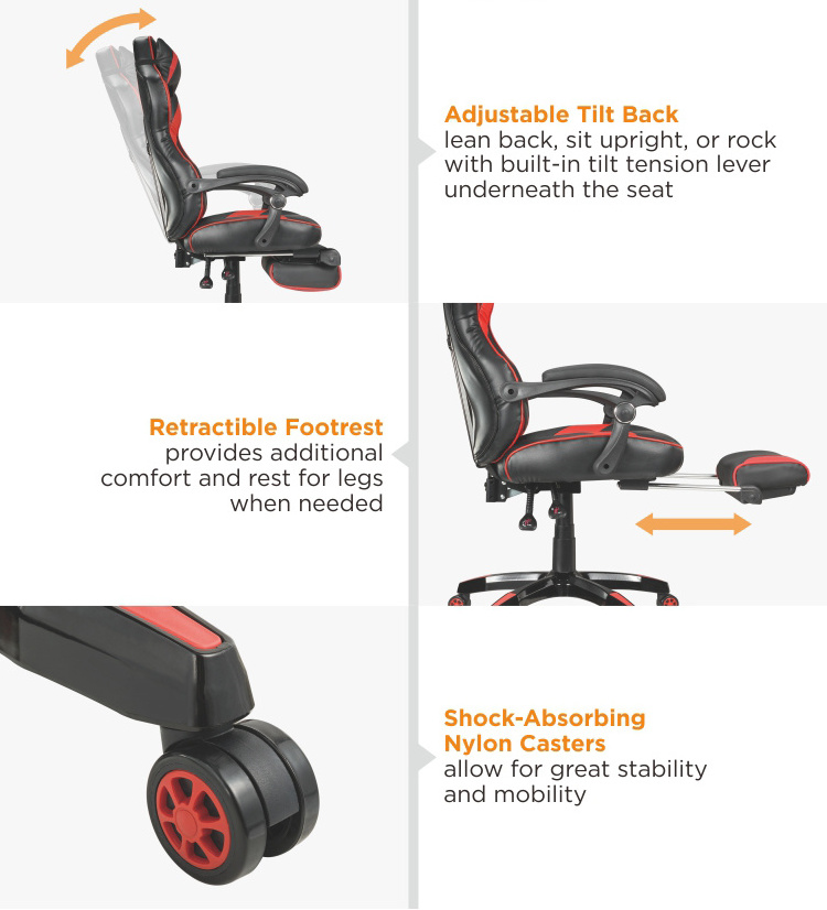 Headrest and Lumbar Support PU Leather Swivel  Racing Gaming Chair with Retractable Footrest