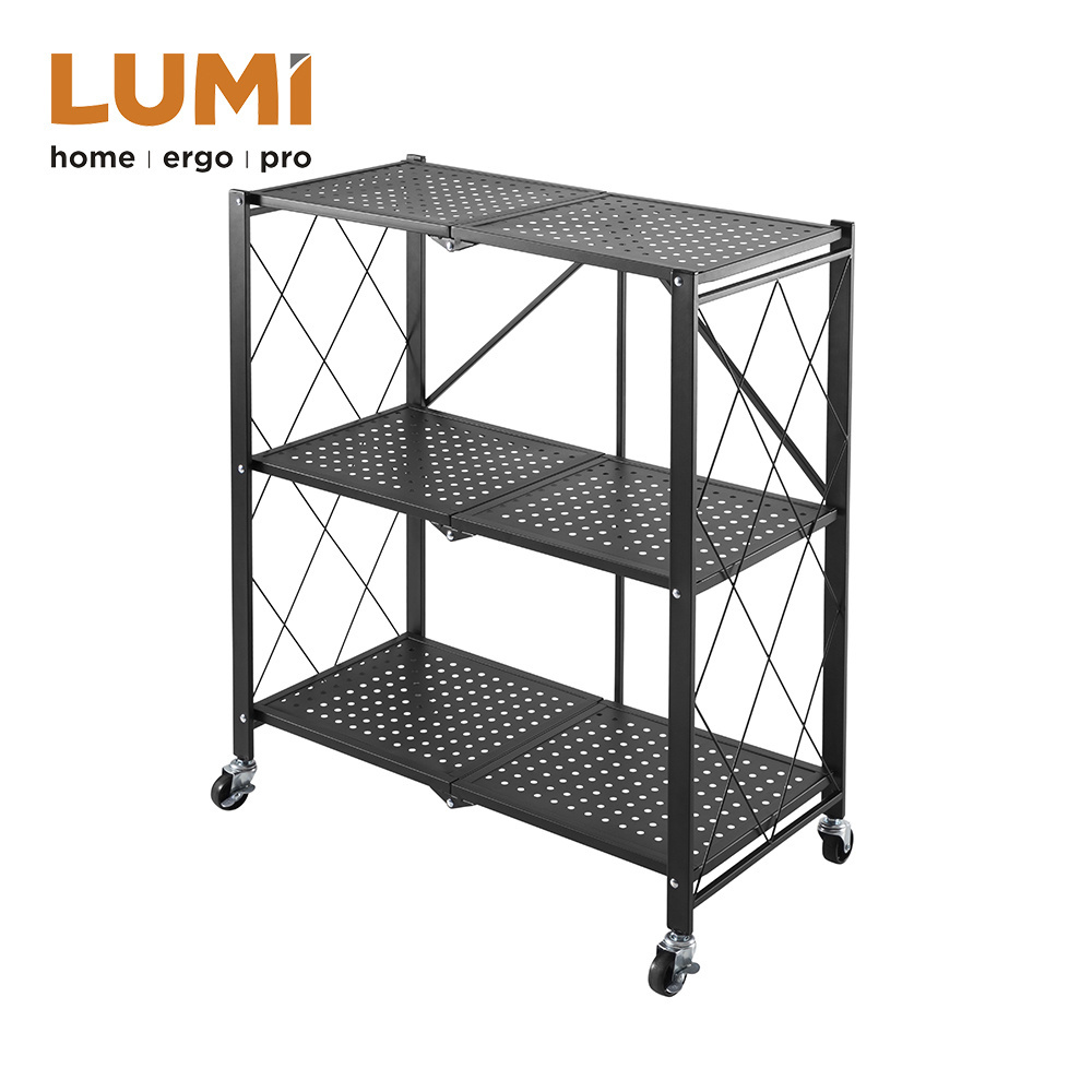 3-Layer Heavy-Duty Folding Mobile Steel Storage  Rack Shelving Unit with Casters Wheels