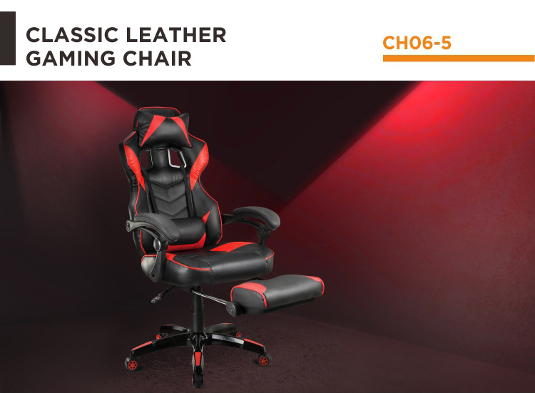 Headrest and Lumbar Support PU Leather Swivel  Racing Gaming Chair with Retractable Footrest