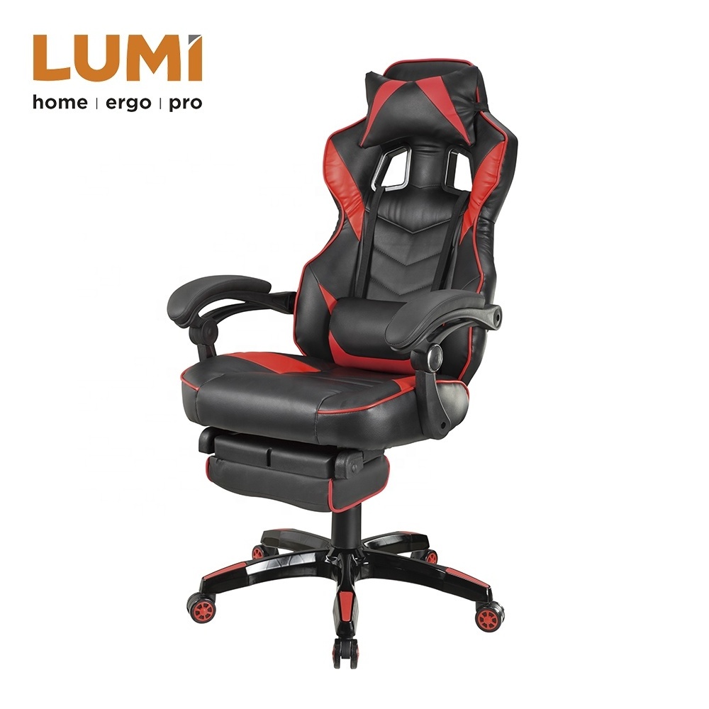 Headrest and Lumbar Support PU Leather Swivel  Racing Gaming Chair with Retractable Footrest