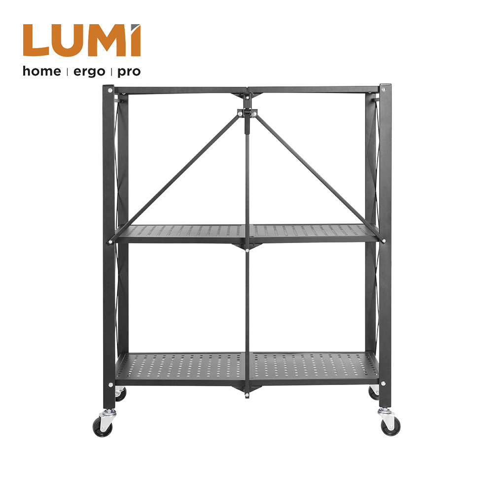 3-Layer Heavy-Duty Folding Mobile Steel Storage  Rack Shelving Unit with Casters Wheels