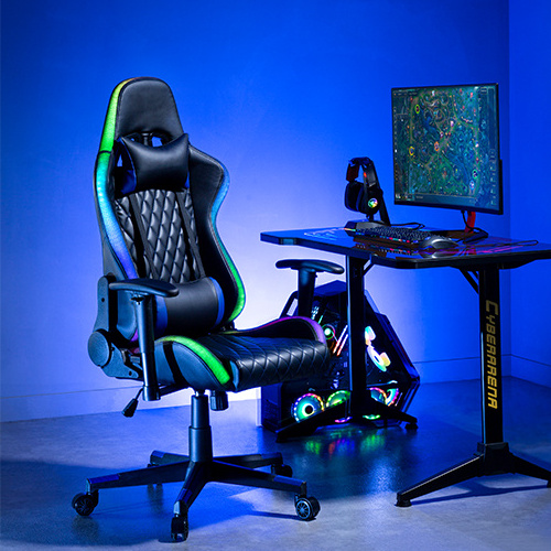 Lumbar Support and RGB Lights Large Diamond Quilted PU Leather Gaming Chair with Lights and Adjustable Gas Lift