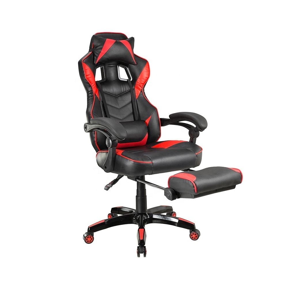 Headrest and Lumbar Support PU Leather Swivel  Racing Gaming Chair with Retractable Footrest