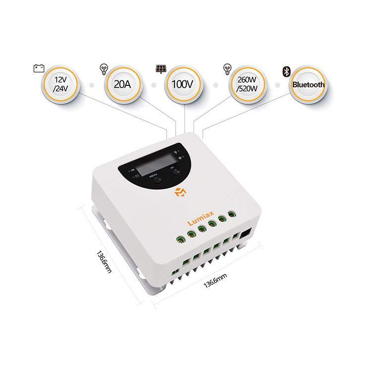 Lumiax 20a mppt solar charge controller with Bluetooth 20amps mppt charge controller with LCD LED indicators