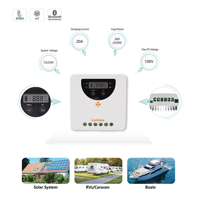 Lumiax 20a mppt solar charge controller with Bluetooth 20amps mppt charge controller with LCD LED indicators