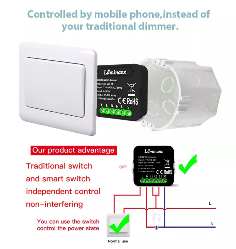 2022 Dimmer Module 1 Gang Triac 0-10V TUYA APP Light Wall Switch Dimmer Wireless 1gang WIFI Smart Switch Dimmer for LED Lights