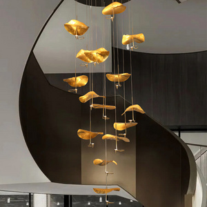 Lumind Modern new luxury chandelier villa duplex stair led ceiling light lotus leaf copper chandelier